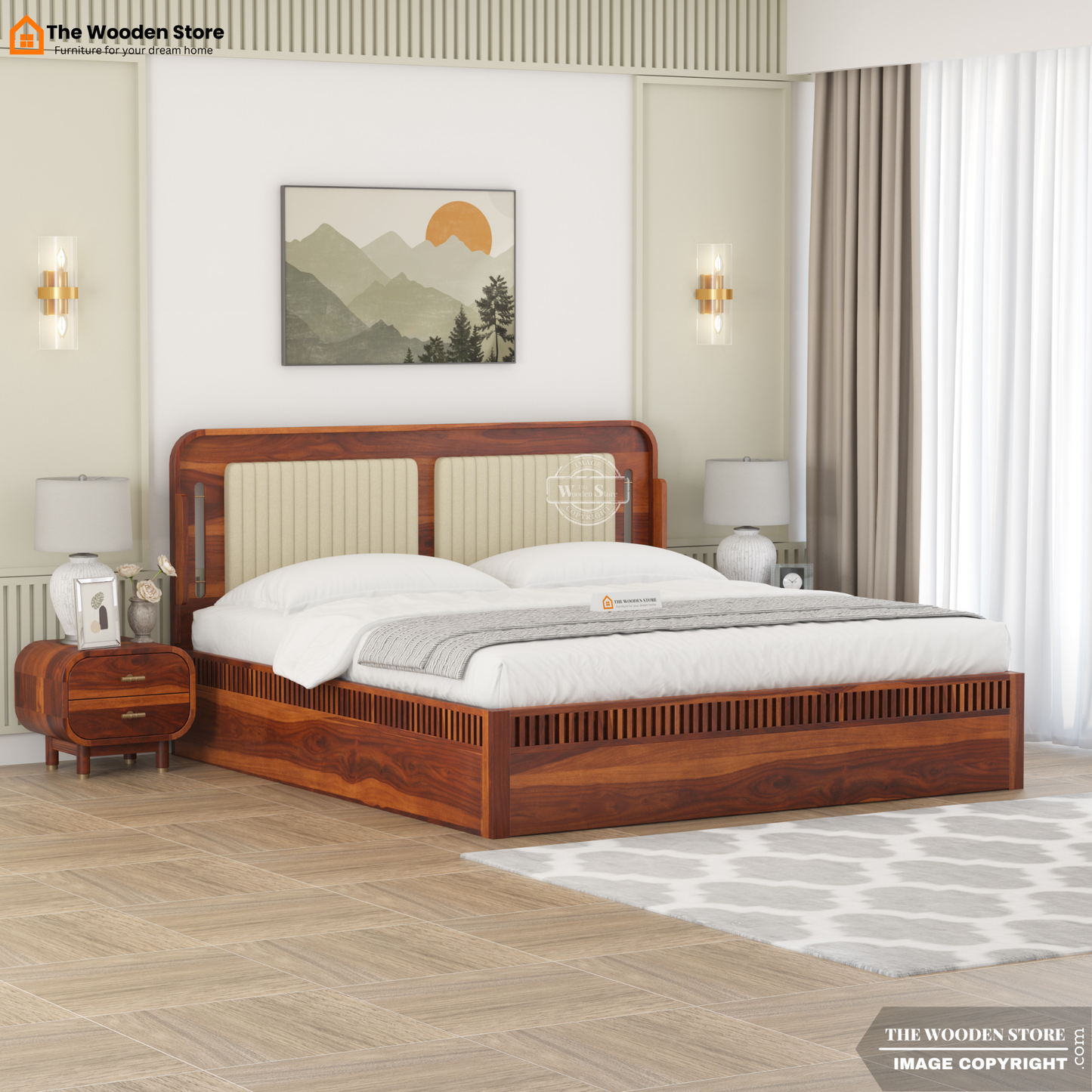 Liam Upholstered Bed With Box Storage (Queen Size, Honey Finish)