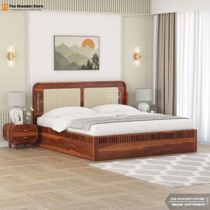 Liam Upholstered Bed With Box Storage (Queen Size, Honey Finish)