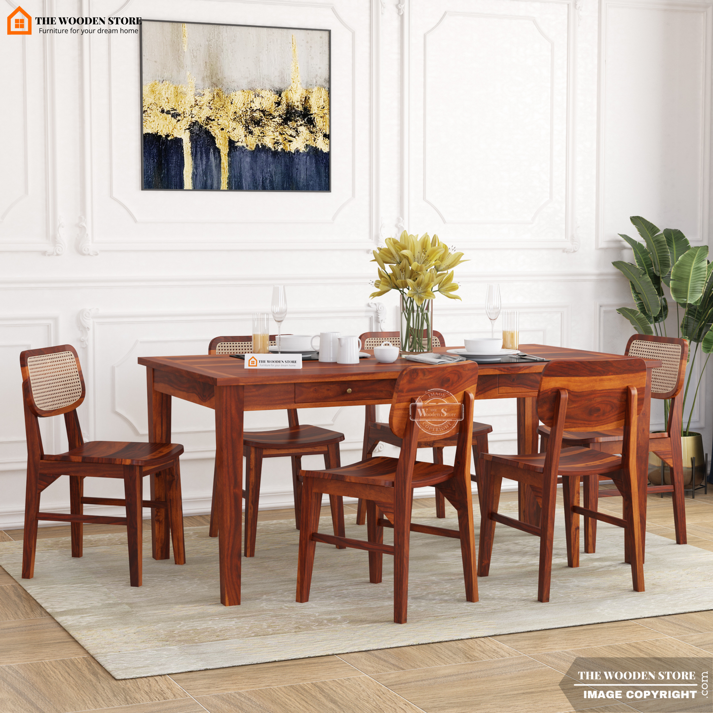 Folmar Cane 6 Seater Dining Set (Honey Finish)