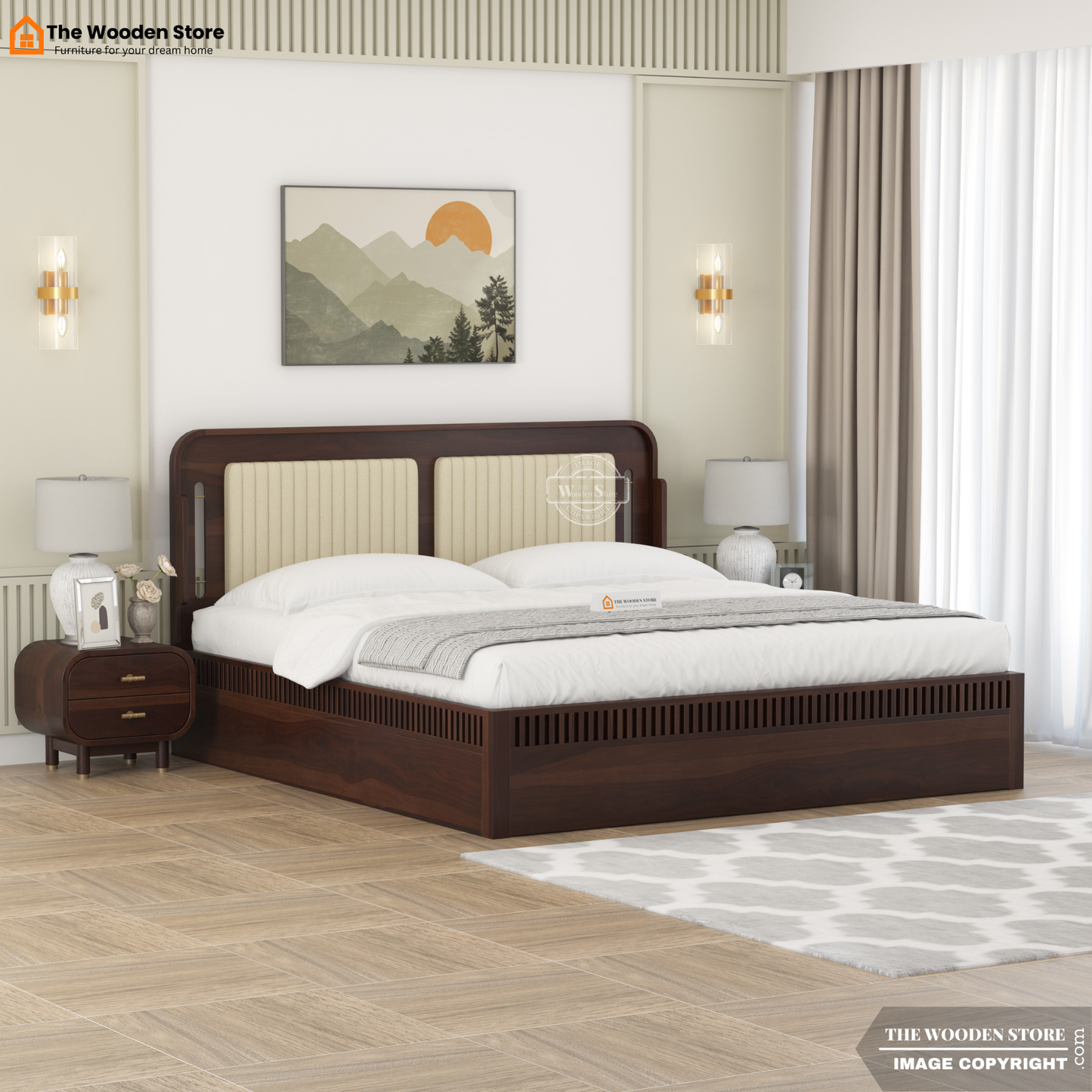 Liam Upholstered Bed With Box Storage (King Size, Walnut Finish)