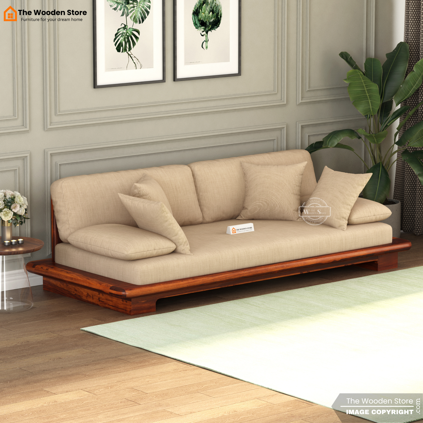 Japanese Platform 3 Seater Wooden Sofa (Honey Finish)