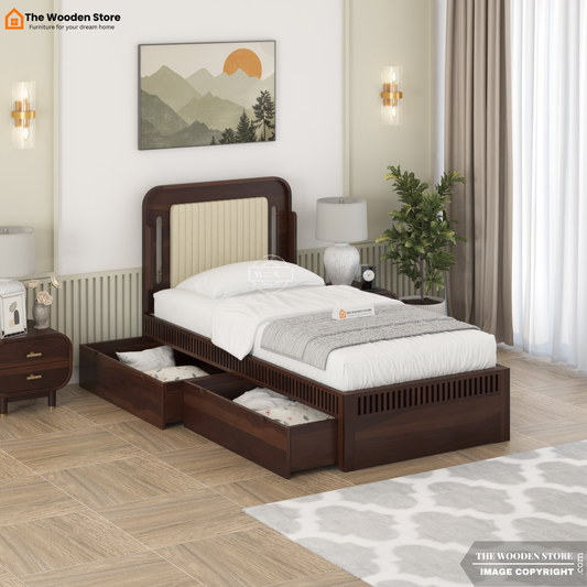 Liam Upholstered Single Bed With Storage (Walnut Finish)