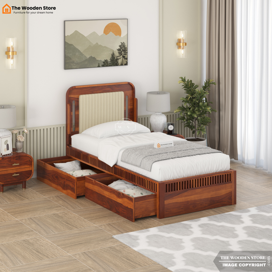 Liam Upholstered Single Bed With Storage (Honey Finish)