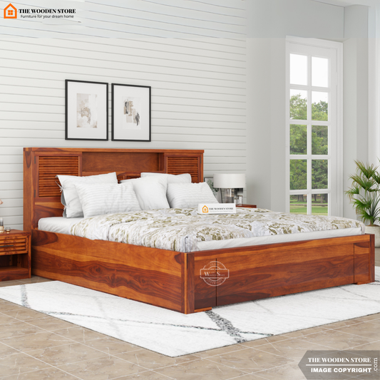 Franklin Hydraulic Bed With Storage (Queen Size, Honey Finish)