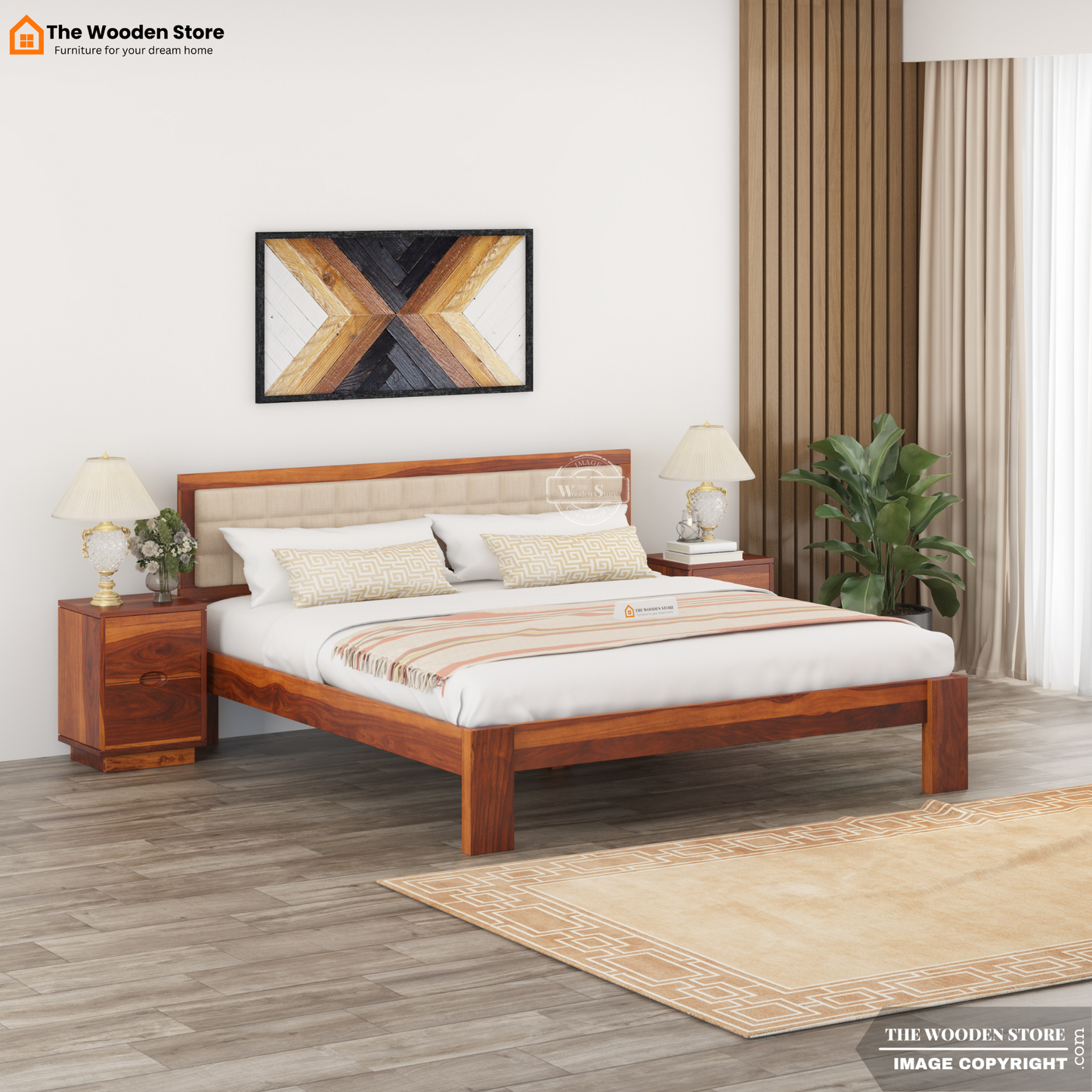 Halis Upholstered Bed without Storage (Queen Size, Honey Finish)