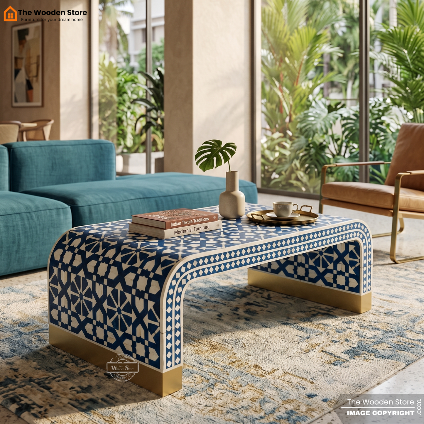 Demson Bone Inlay Coffee Table (Blue Finish)