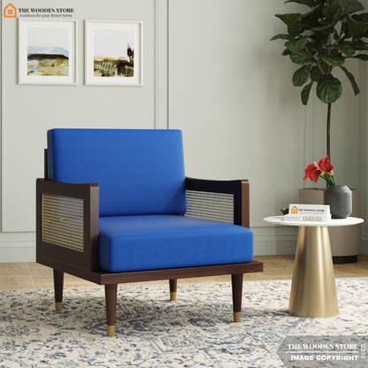 Eric Cane Arm Chair (Marine Blue, Walnut Finish)
