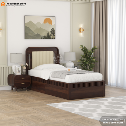 Liam Upholstered Single Bed With Storage (Walnut Finish)
