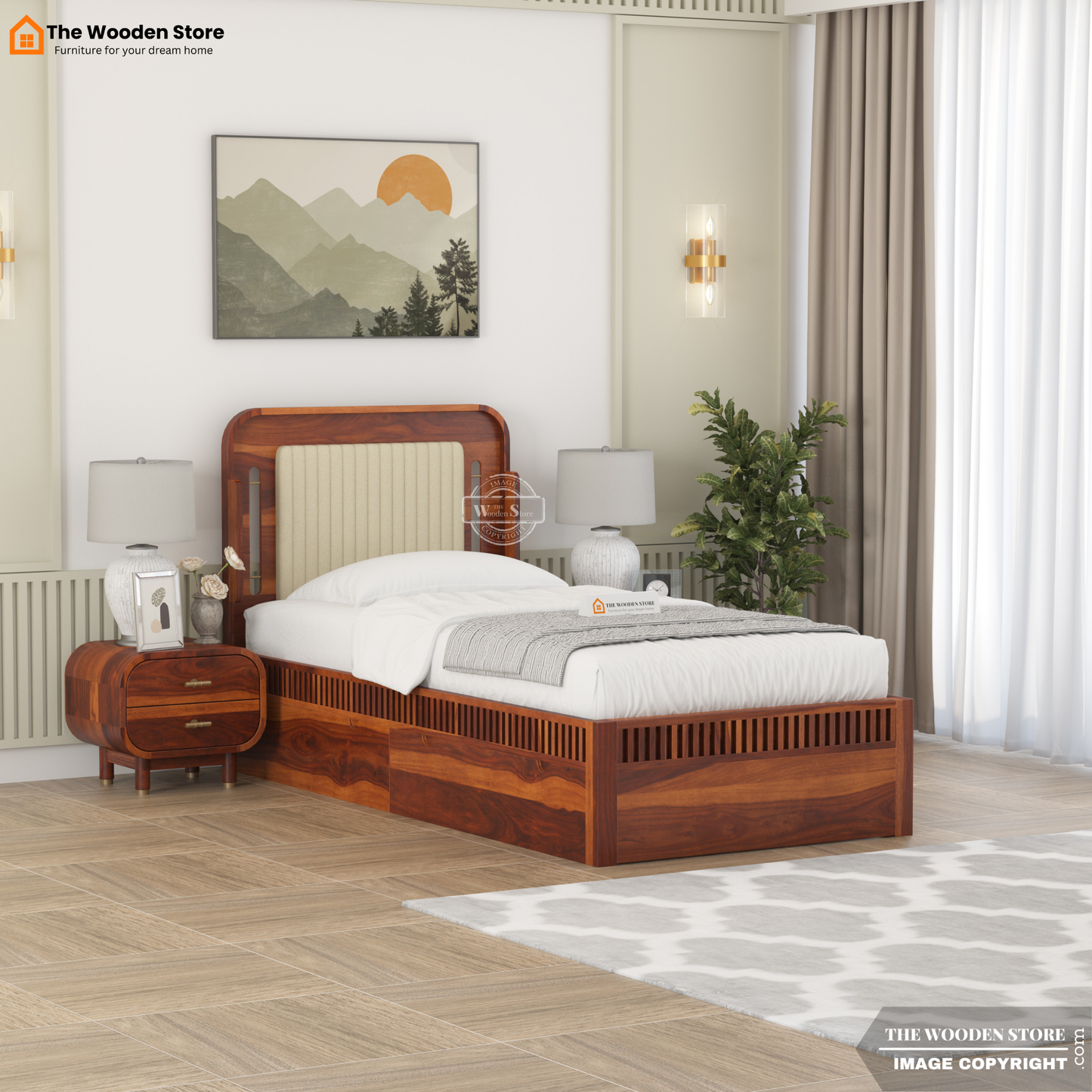 Liam Upholstered Single Bed With Storage (Honey Finish)