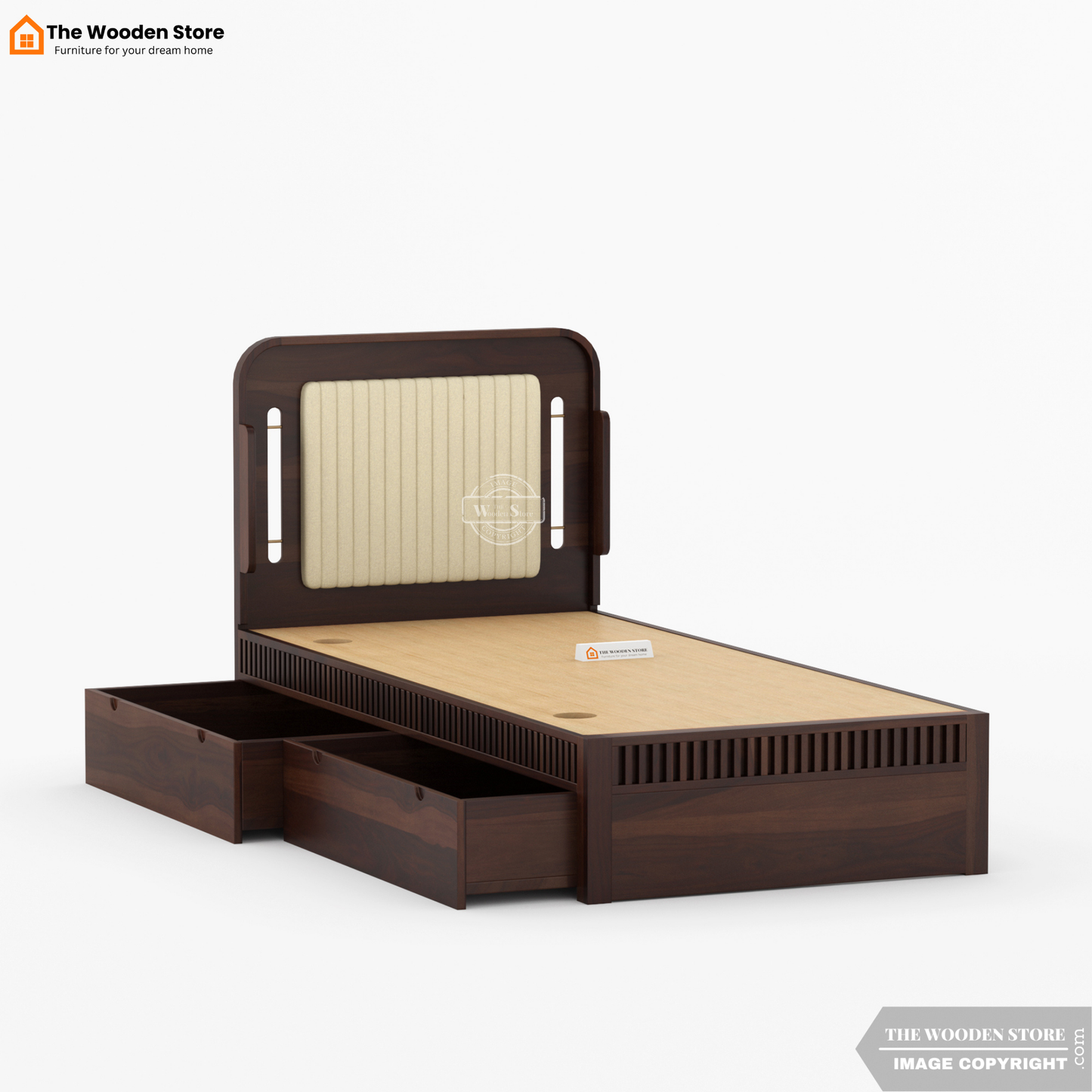 Liam Upholstered Single Bed With Storage (Walnut Finish)