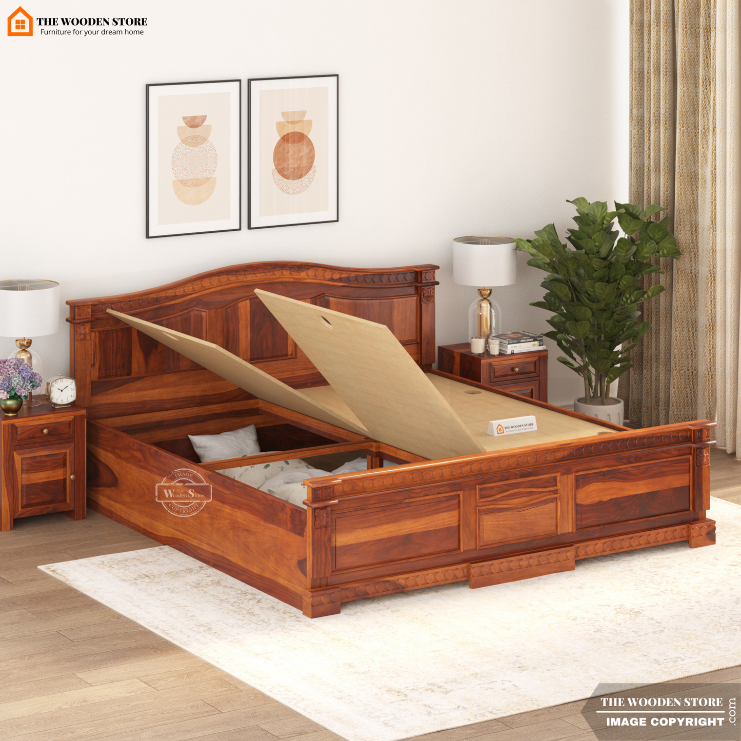 George Bed With Box Storage (King Size, Honey Finish)