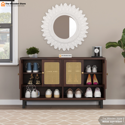 Ariba Shoe Rack With Cane Detailing (Walnut Finish)