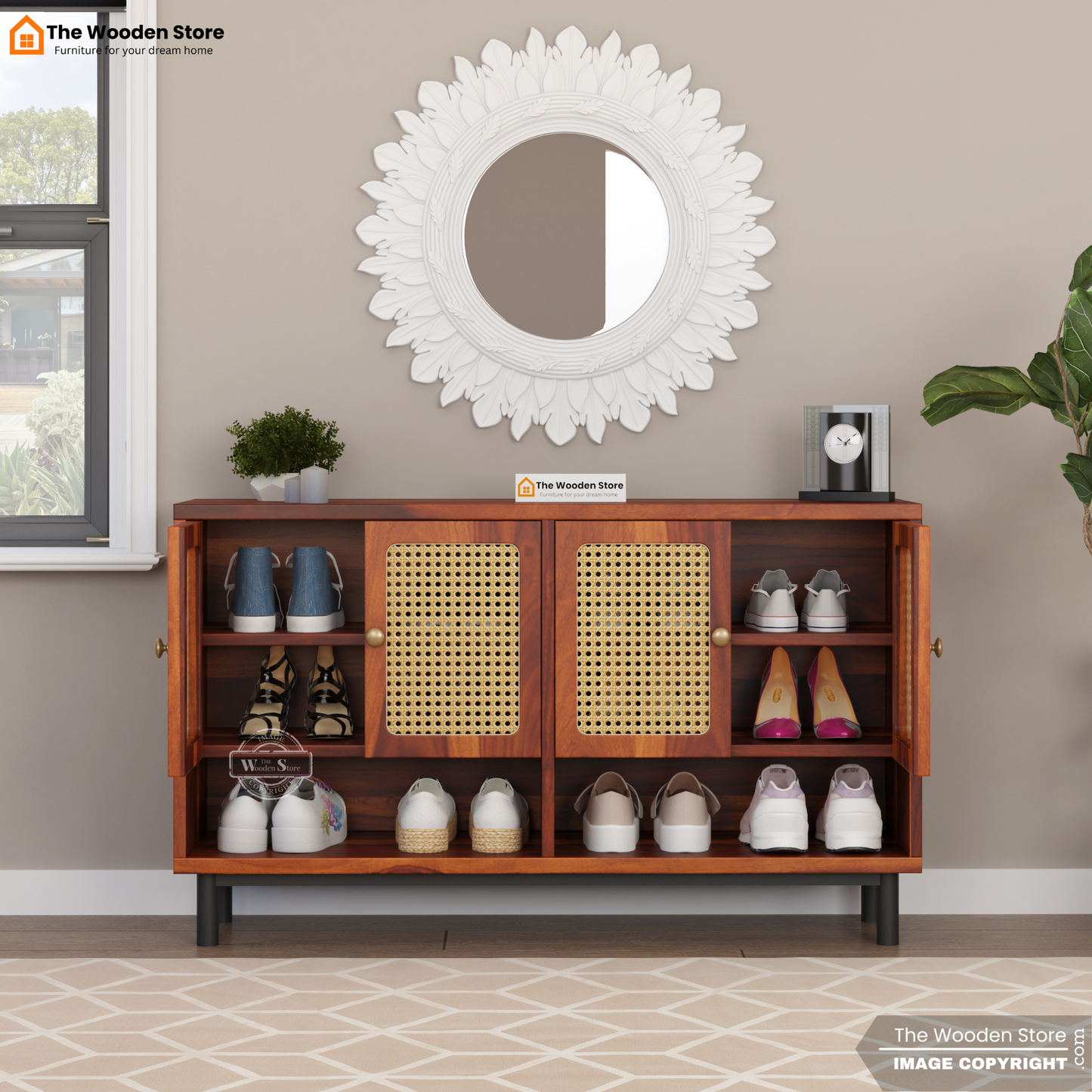 Ariba Shoe Rack With Cane Detailing (Honey Finish)