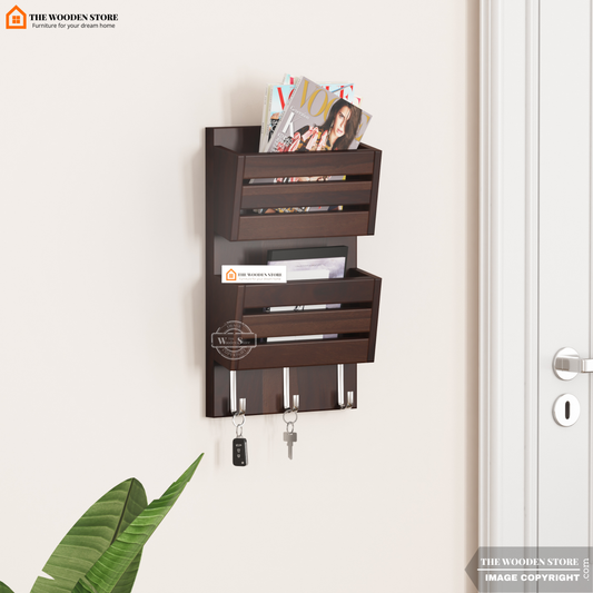 Belby Wall Shelf With Key Holder (Walnut Finish)