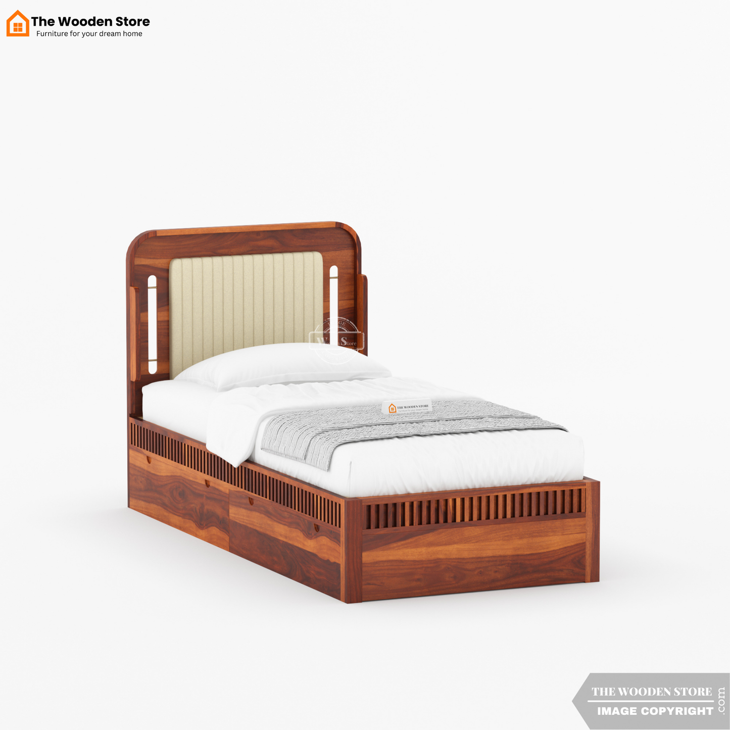 Liam Upholstered Single Bed With Storage (Honey Finish)