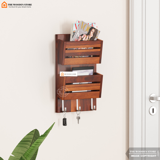 Belby Wall Shelf With Key Holder (Honey Finish)