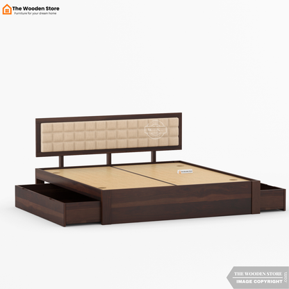 Halis Upholstered Bed with Drawer Storage (Queen Size, Walnut Finish)