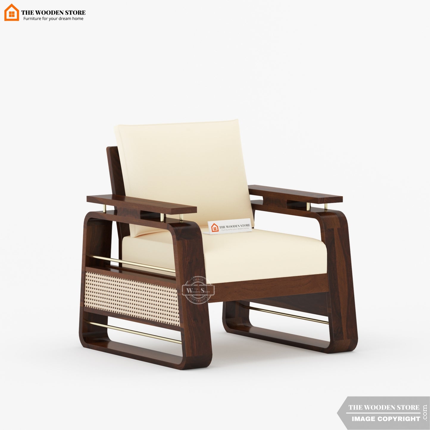 Urban 3+1+1 Wooden Sofa Set With Cane and Brass Detailing (Walnut Finish)