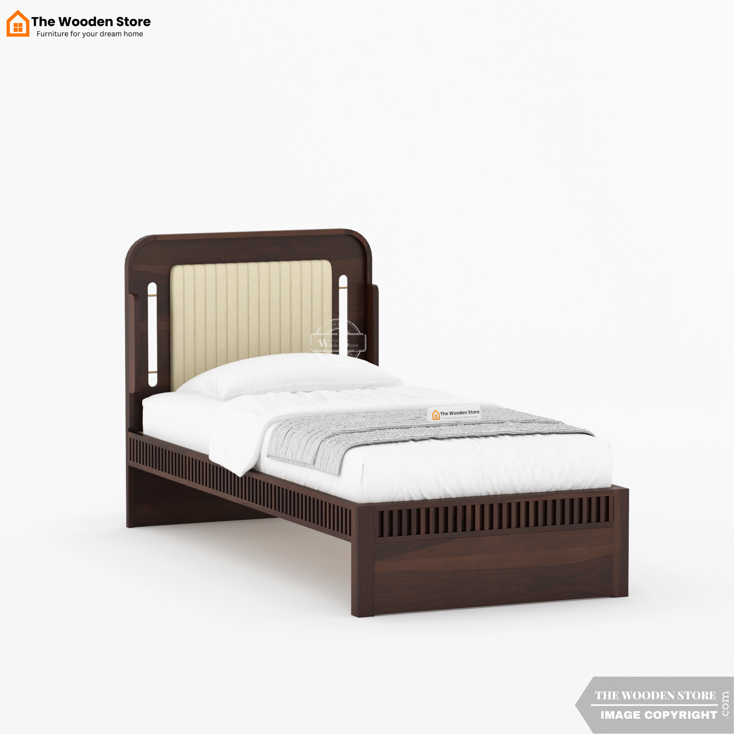 Liam Upholstered Single Bed Without Storage (Walnut Finish)