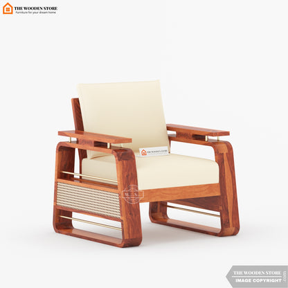 Urban 3+1+1 Wooden Sofa Set With Cane and Brass Detailing (Honey Finish)