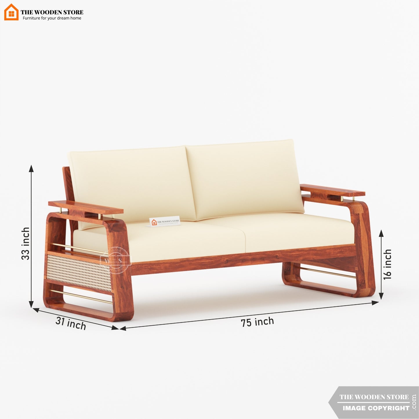 Urban 3+1+1 Wooden Sofa Set With Cane and Brass Detailing (Honey Finish)