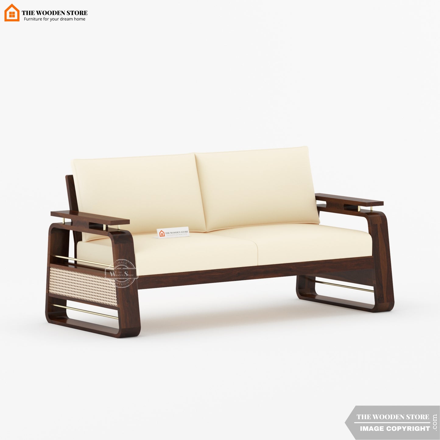 Urban 3+1+1 Wooden Sofa Set With Cane and Brass Detailing (Walnut Finish)