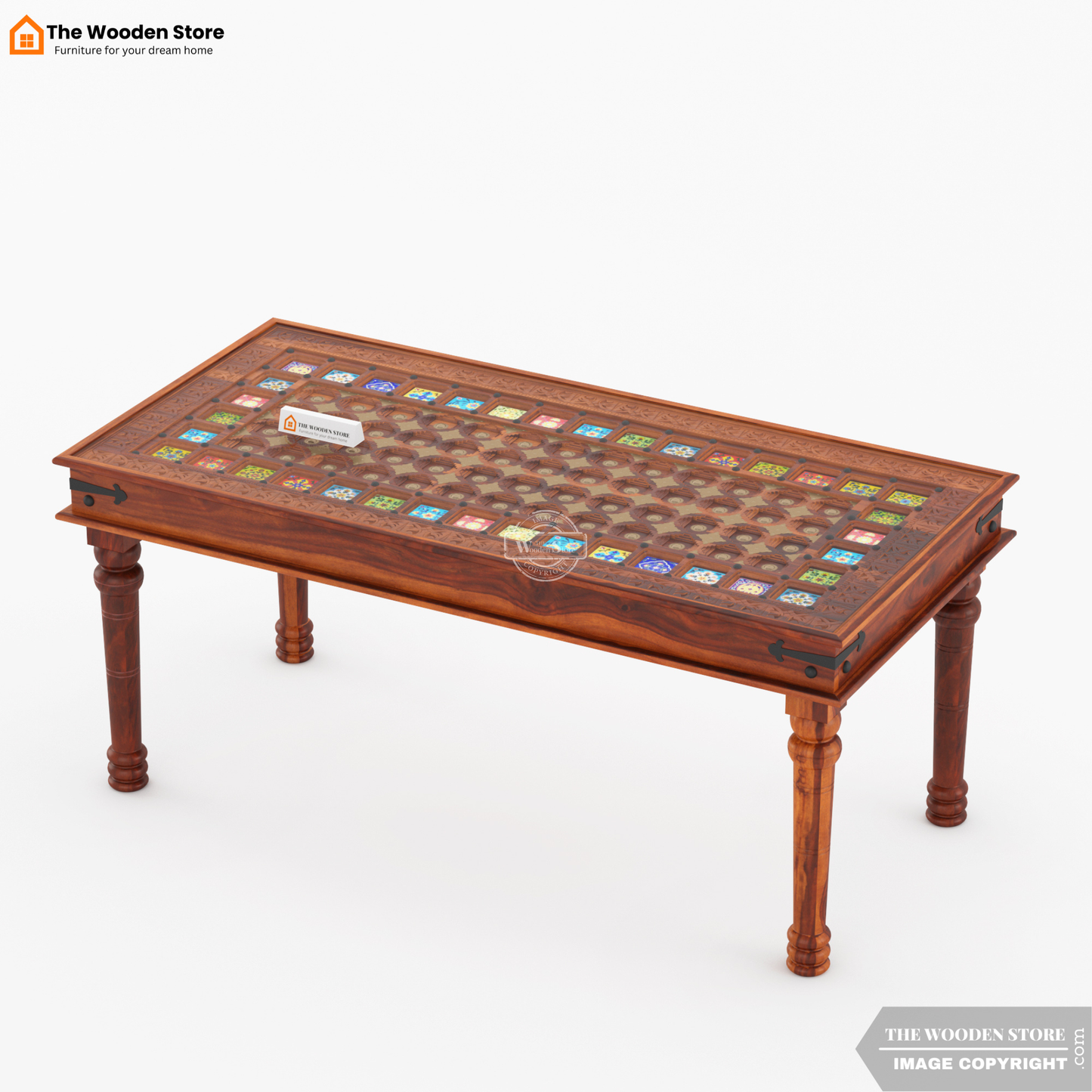 Royal Brass and Tiles 6 Seater Dining Table Set (Honey Finish)