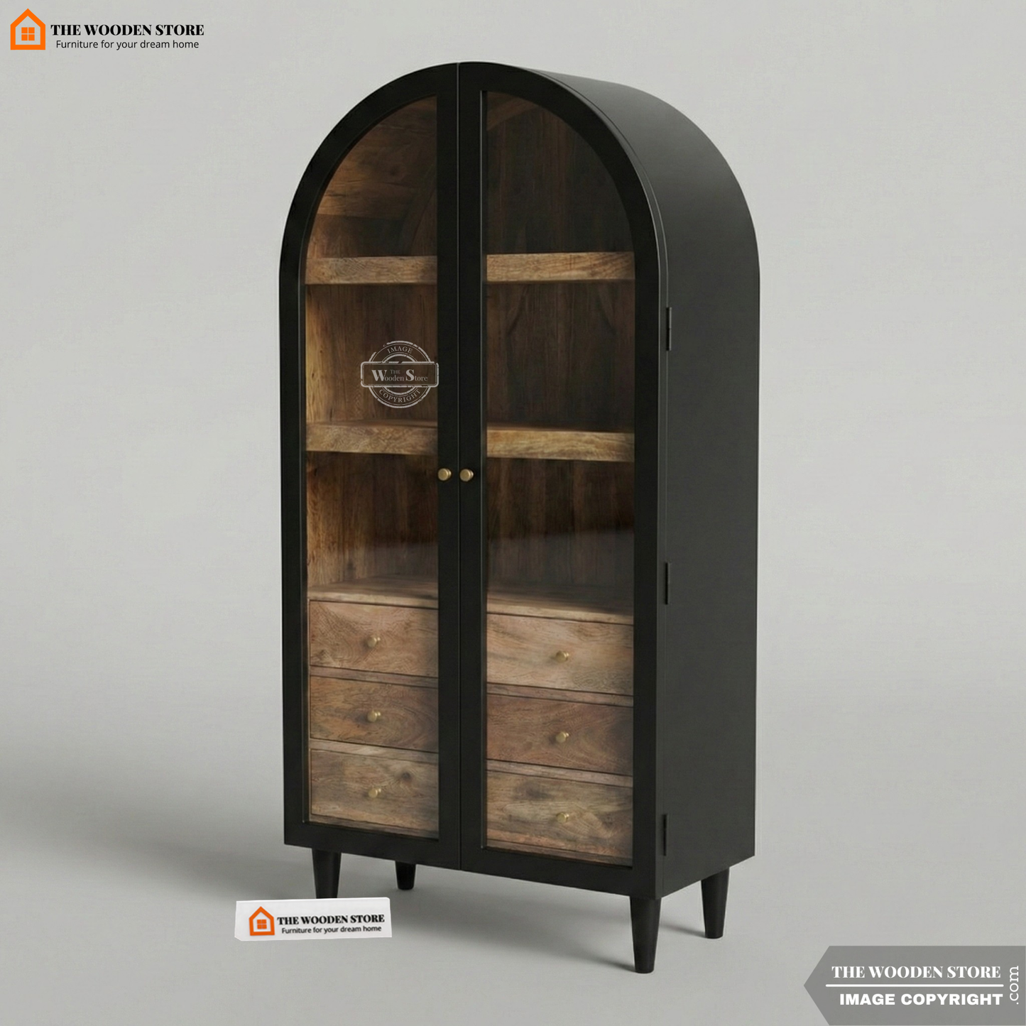 Arched Solid Mango Wood Cabinet With 3 Drawers (Black Finish)