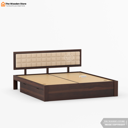Halis Upholstered Bed with Drawer Storage (Queen Size, Walnut Finish)