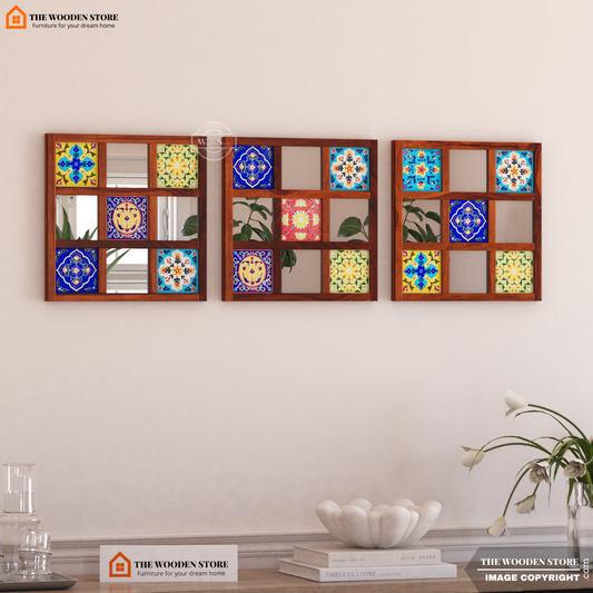 Bohemian Set of 3 Mirror with Frame (Honey Finish)