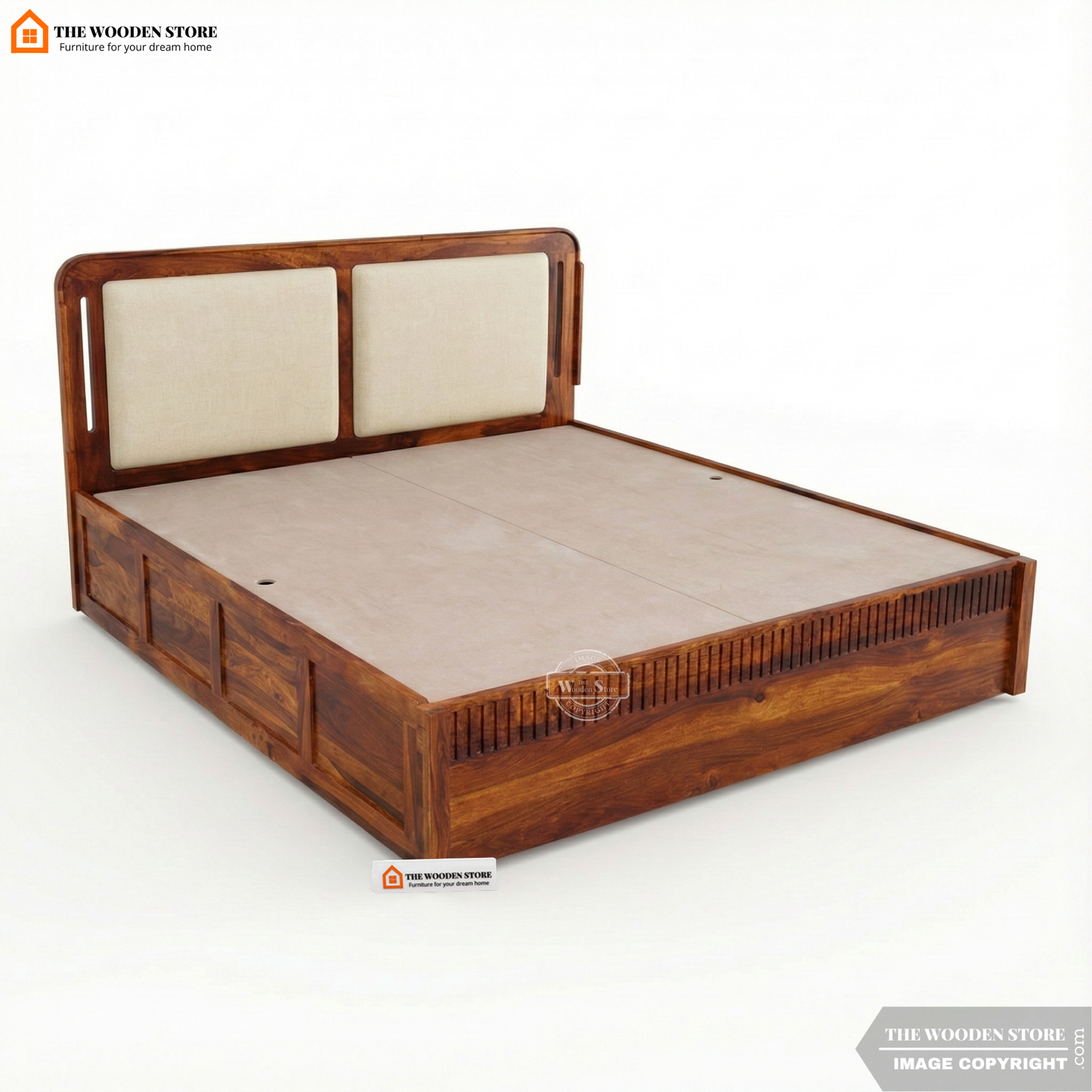 Liam Bed With Box Storage (Queen Size, Honey Finish)