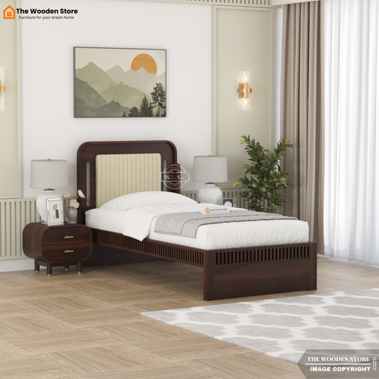 Liam Upholstered Single Bed Without Storage (Walnut Finish)