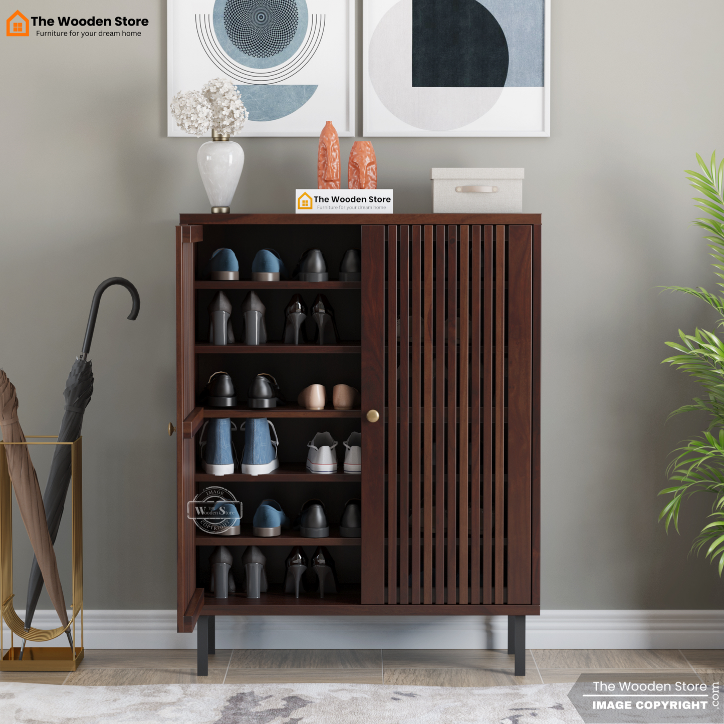 Dulane Shoe Rack With Slatted Doors (Walnut Finish)