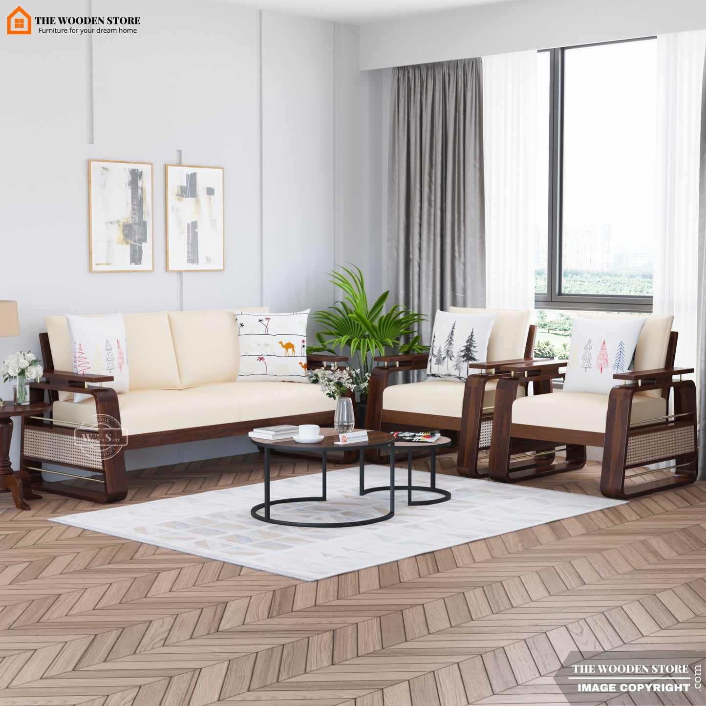 Urban 3+1+1 Wooden Sofa Set With Cane and Brass Detailing (Walnut Finish)