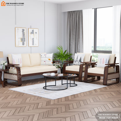 Urban 3+1+1 Wooden Sofa Set With Cane and Brass Detailing (Walnut Finish)