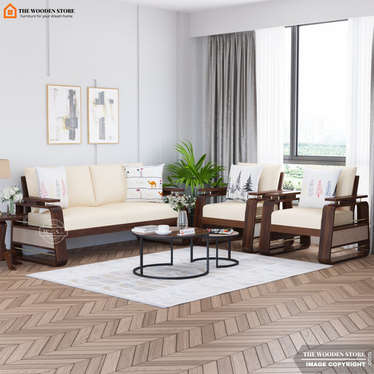 Urban 3+1+1 Wooden Sofa Set With Cane and Brass Detailing (Walnut Finish)