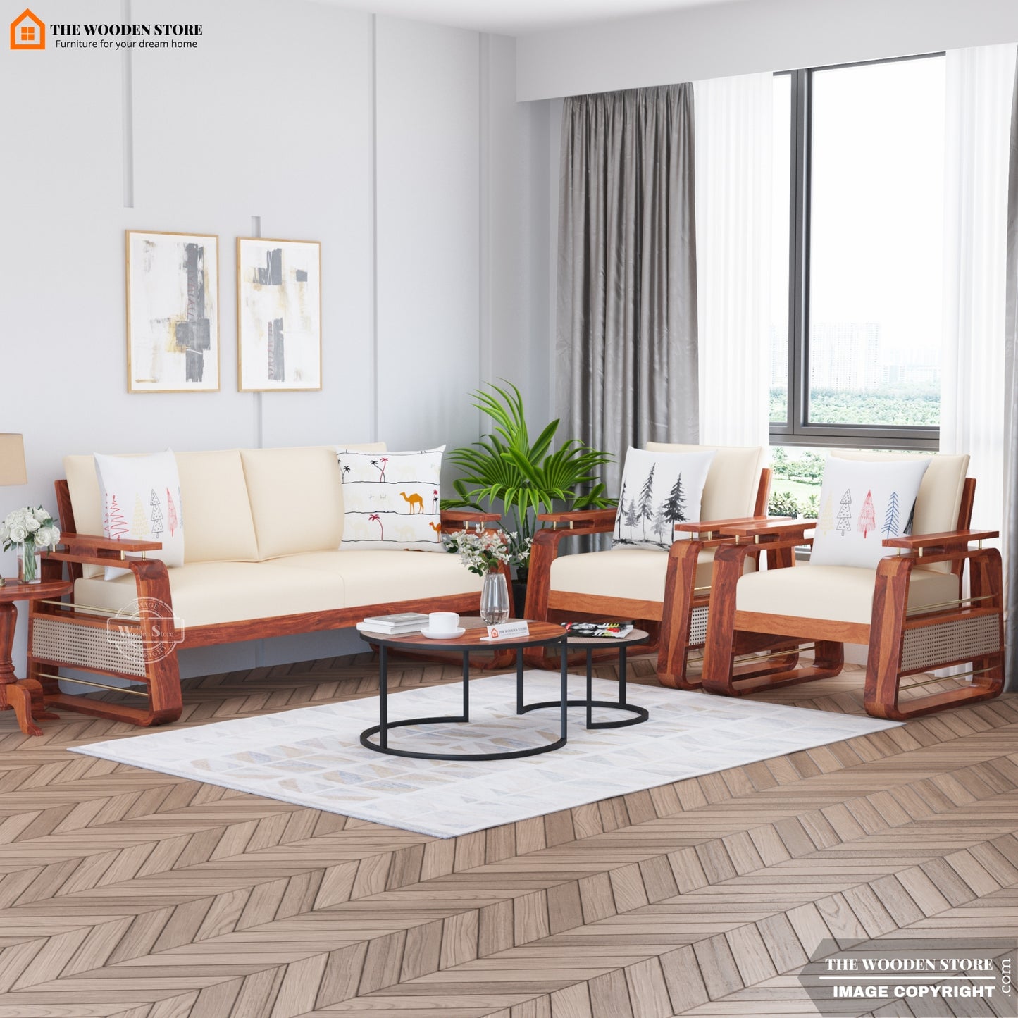 Urban 3+1+1 Wooden Sofa Set With Cane and Brass Detailing (Honey Finish)