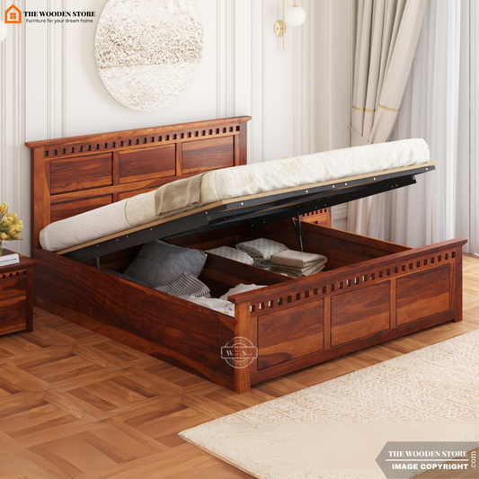 Donald Hydraulic Bed With Storage (King Size, Honey Finish)