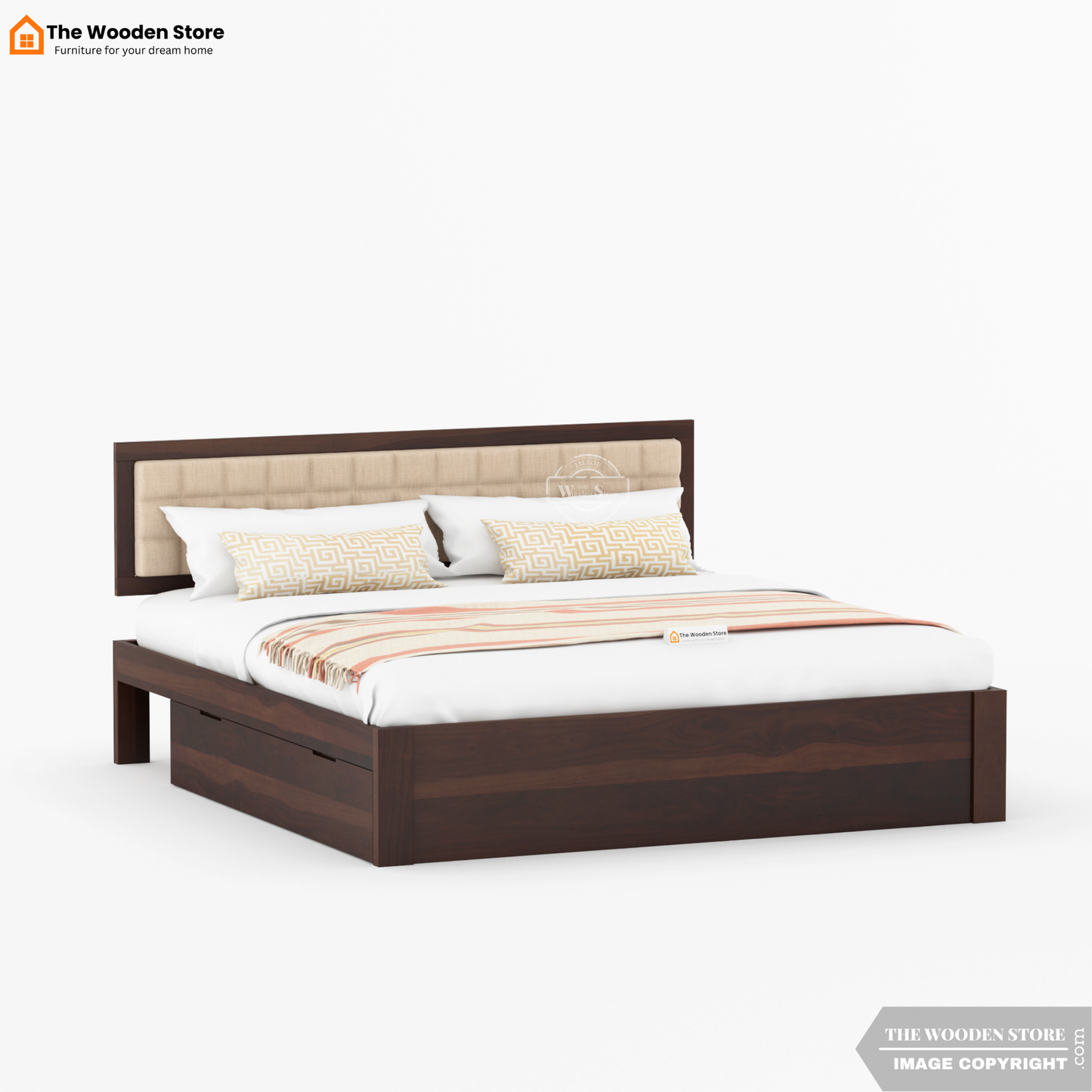 Halis Upholstered Bed with Drawer Storage (Queen Size, Walnut Finish)