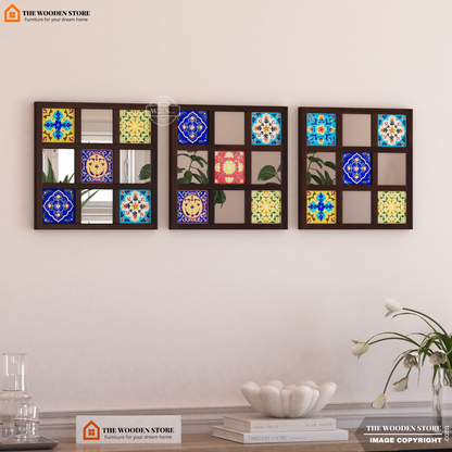 Bohemian Set of 3 Mirror with Frame (Walnut Finish)
