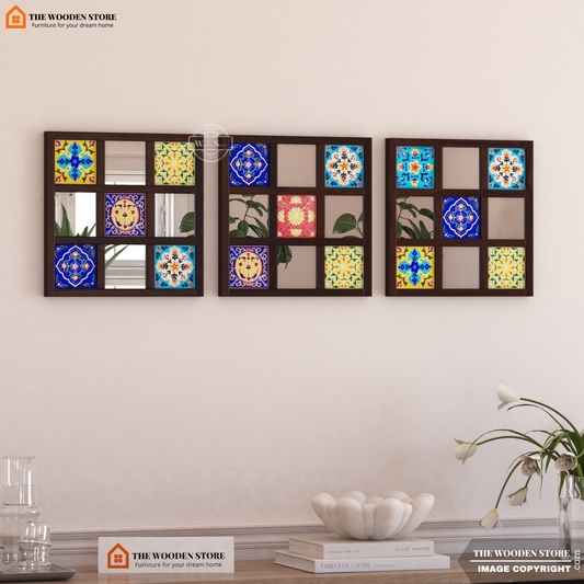 Bohemian Set of 3 Mirror with Frame (Walnut Finish)