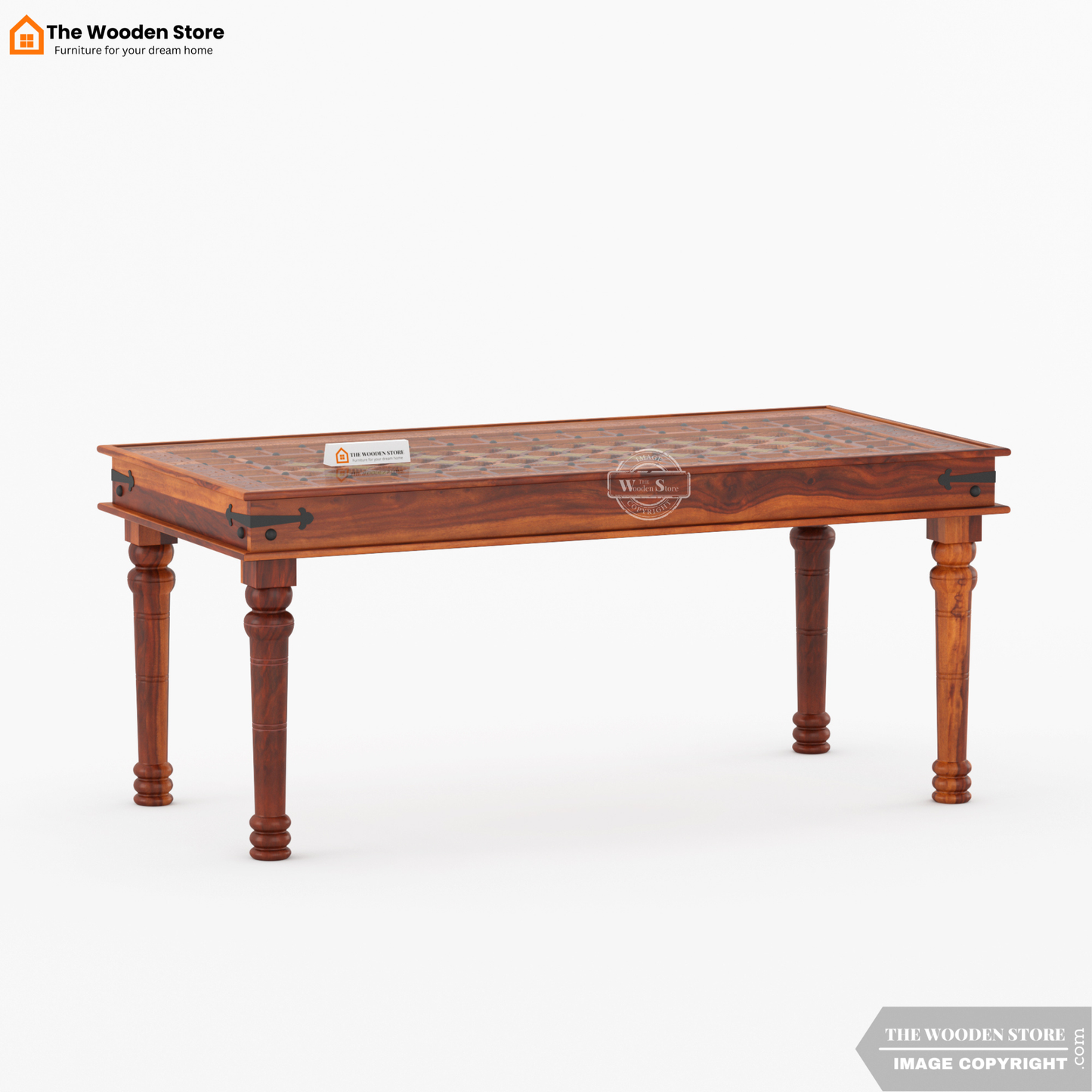 Royal Brass and Tiles 6 Seater Dining Table Set (Honey Finish)