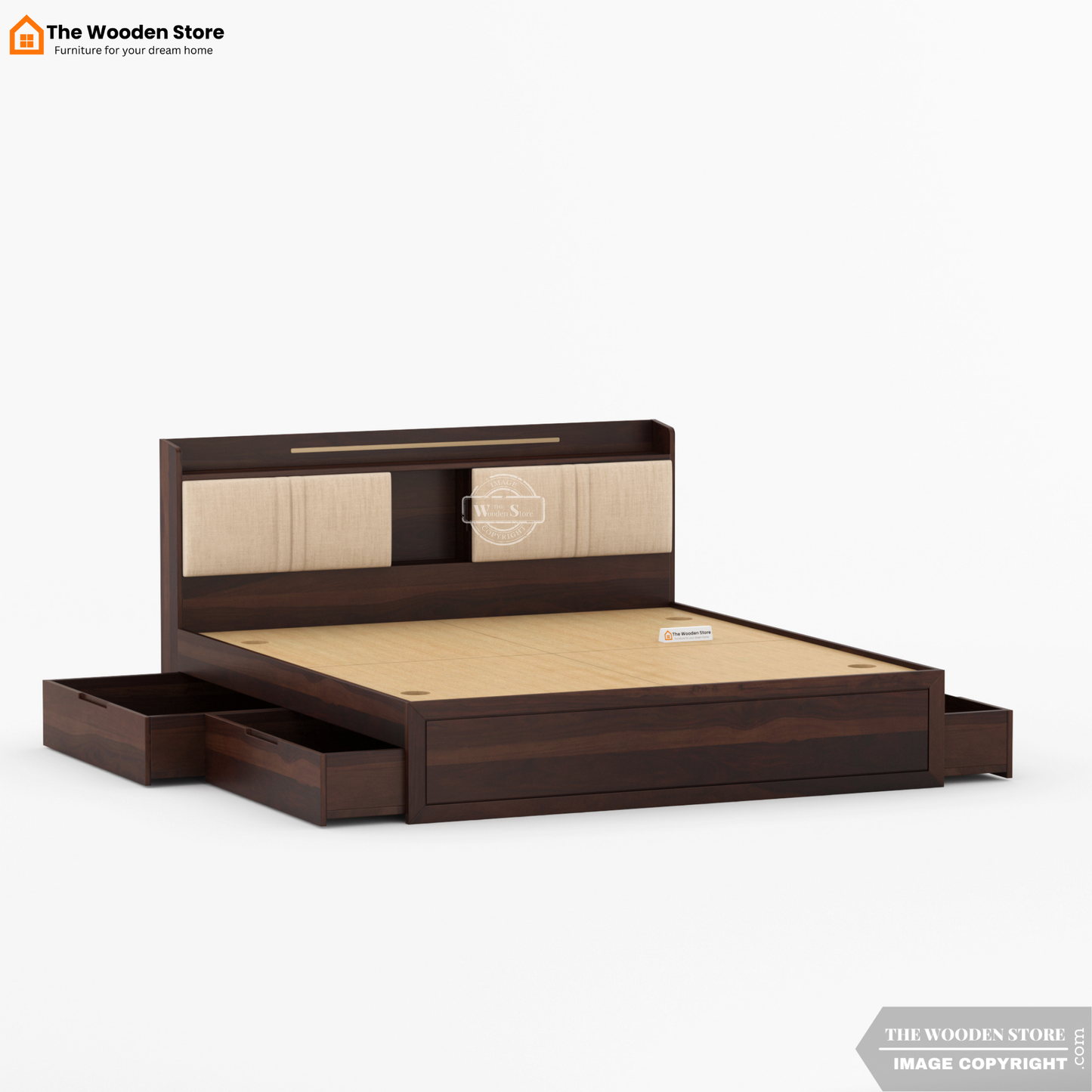 Jensen Upholstered Bed with Drawer Storage (King Size, Walnut Finish)