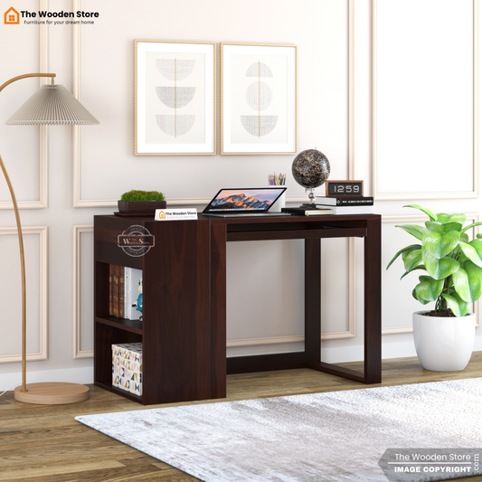 Akon Study Table with Keyboard Tray and Side Storage (Walnut Finish)