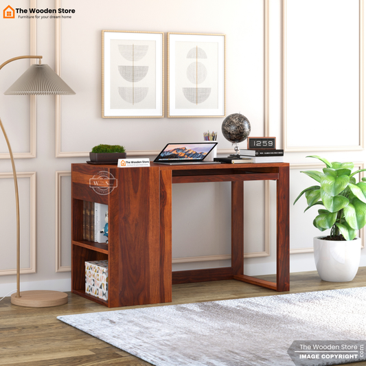 Akon Study Table with Keyboard Tray and Side Storage (Honey Finish)