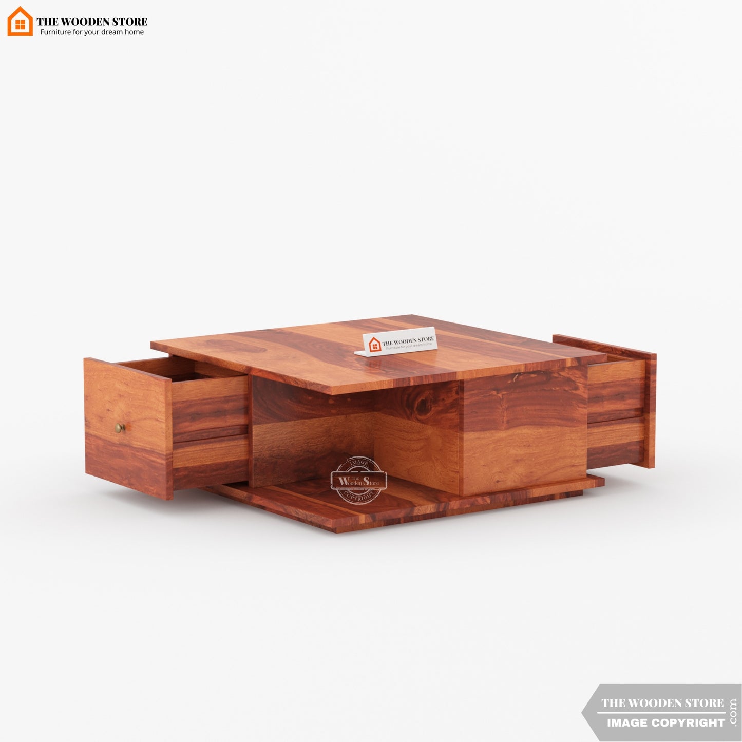 Laron Sheesham Wood Coffee Table with Drawers & Open Storage (Honey Finish)
