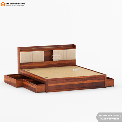 Jensen Upholstered Bed with Drawer Storage (King Size, Honey Finish)