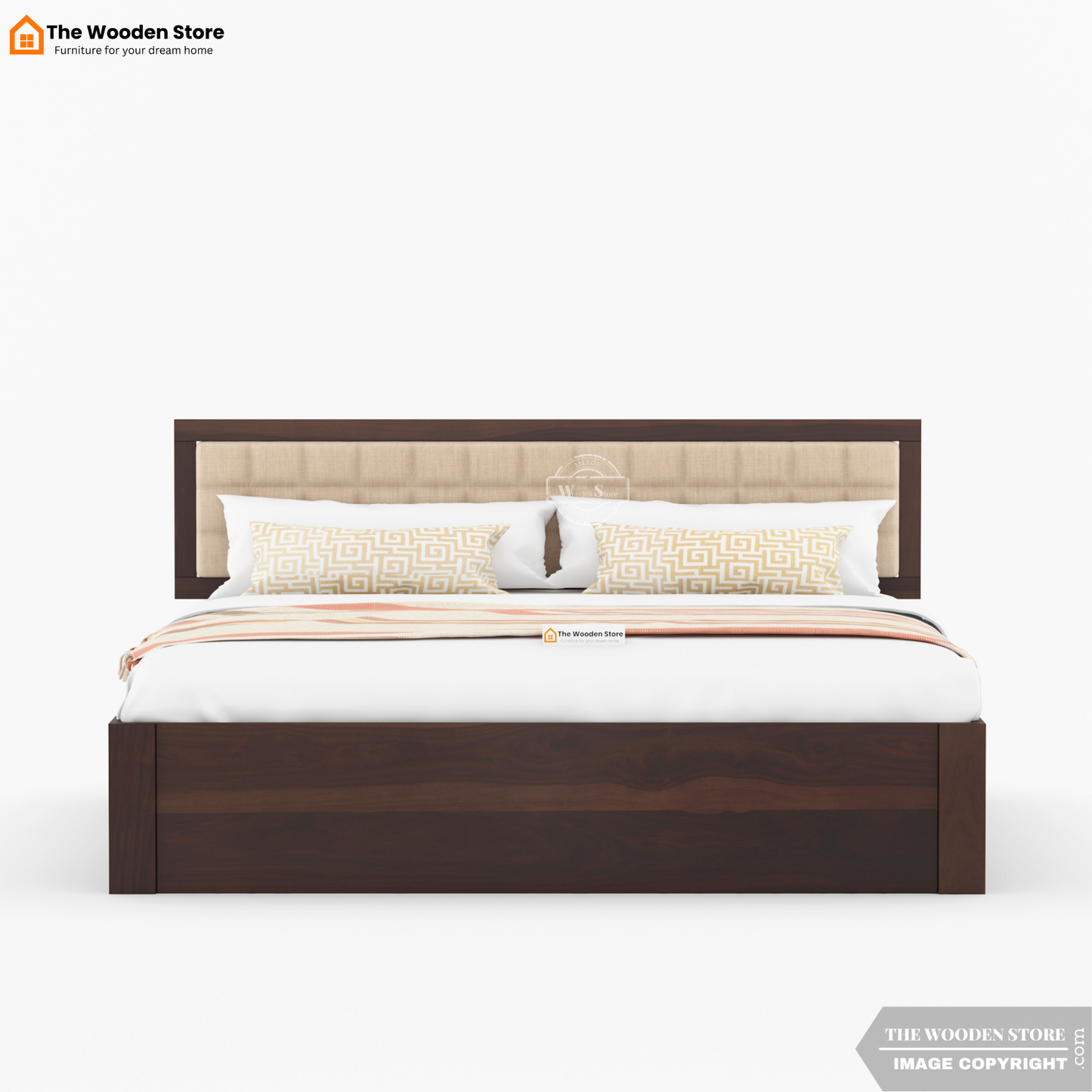 Halis Upholstered Bed with Drawer Storage (Queen Size, Walnut Finish)