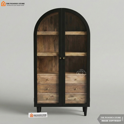 Arched Solid Mango Wood Cabinet With 3 Drawers (Black Finish)