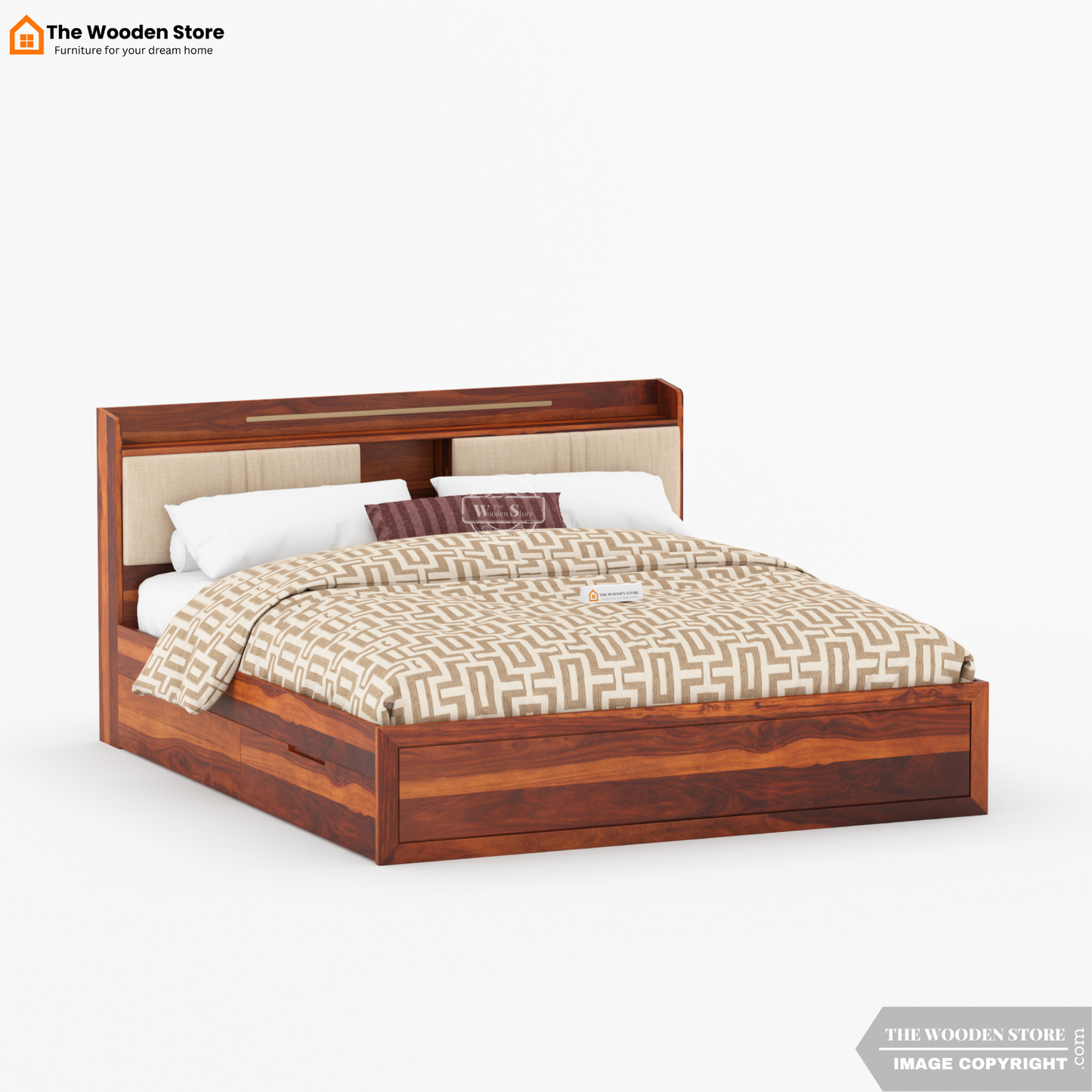 Jensen Upholstered Bed with Drawer Storage (King Size, Honey Finish)